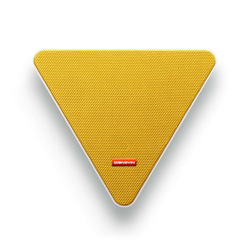 Yellow triangular smart wireless speaker for home with textured fabric front by Dropshipman