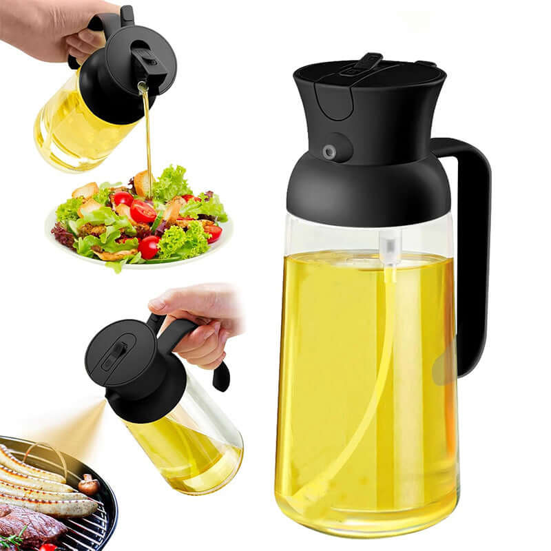 Stylish glass olive oil dispenser with black lid and handle pouring oil on salad and grill