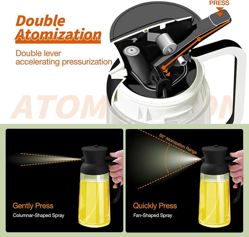 Stylish glass olive oil dispenser with double atomization lever for adjustable spray patterns