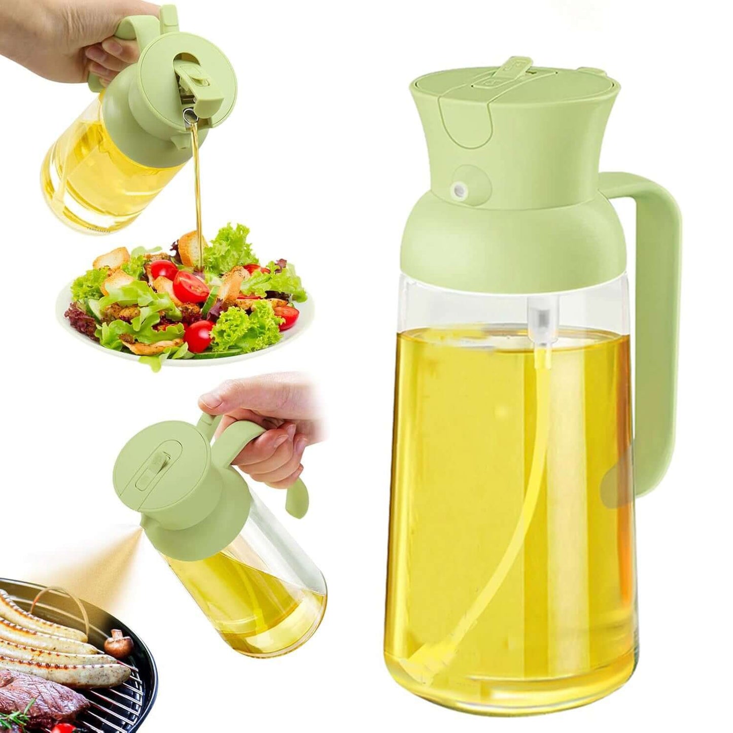 Stylish glass olive oil dispenser with green lid pouring oil on salad and grilling food by Dropshipman