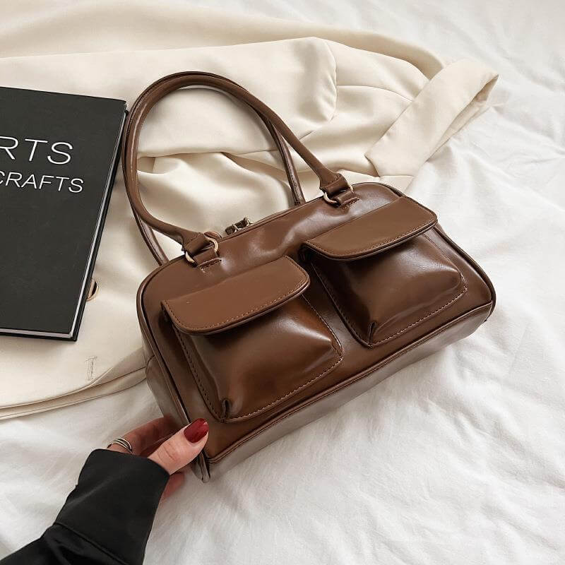 Brown stylish work handbag for women with double front pockets and shoulder straps