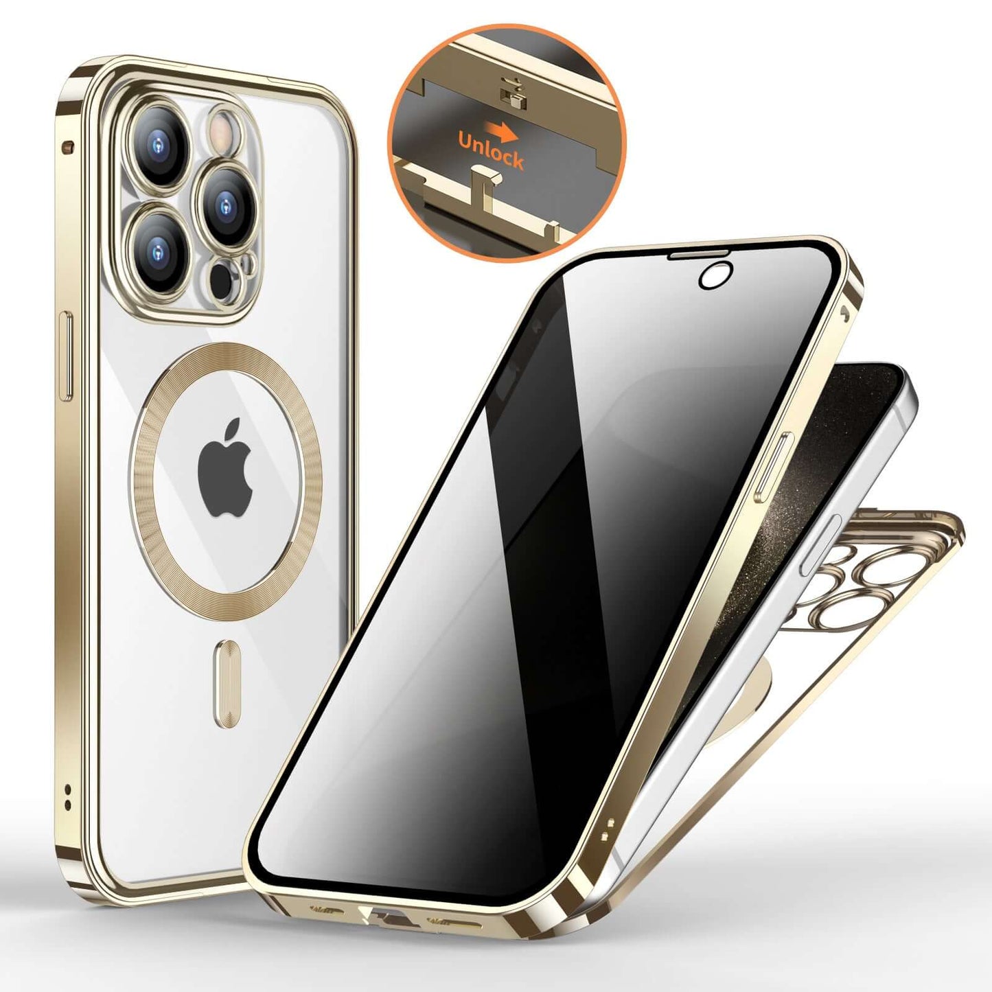 Dropshipman magnetic anti-spy phone case with gold frame and transparent back for iPhone protection