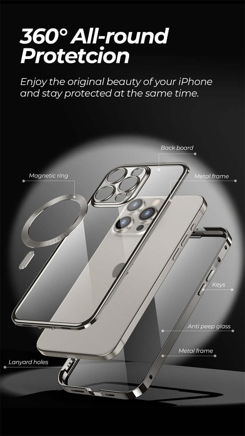 Magnetic anti-spy phone case with 360 all-round protection for iPhone showing metal frame and anti-peep glass