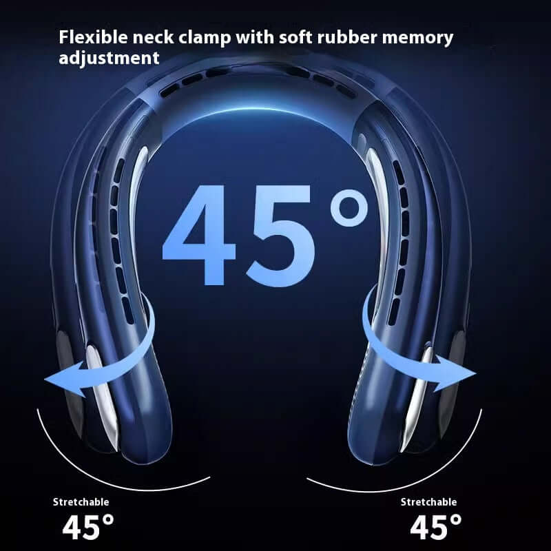 USB rechargeable neck fan with flexible 45 degree stretchable neck clamp and soft rubber memory adjustment