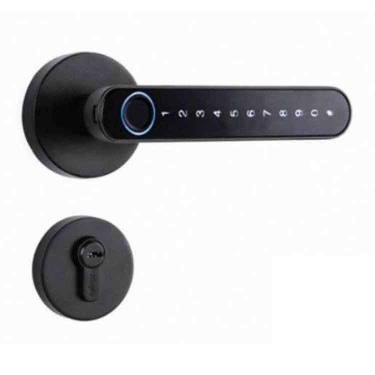 Modern black Smart Fingerprint Door Lock displayed alongside a traditional keyhole, merging classic and futuristic security.