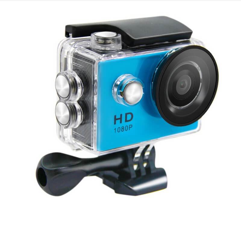 CozyTech Living waterproof action camera 1080p in blue with protective casing and mounting accessories