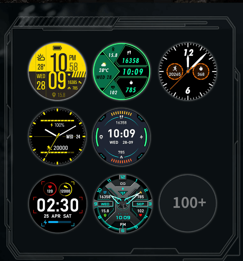 Waterproof fitness smartwatch for men showing multiple digital and analog watch faces with activity and health tracking