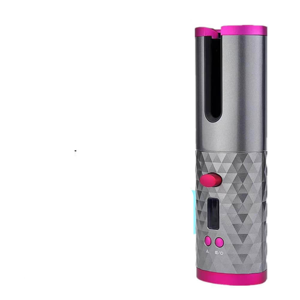 Dropshipman wireless automatic curling iron with gray textured handle and pink accents