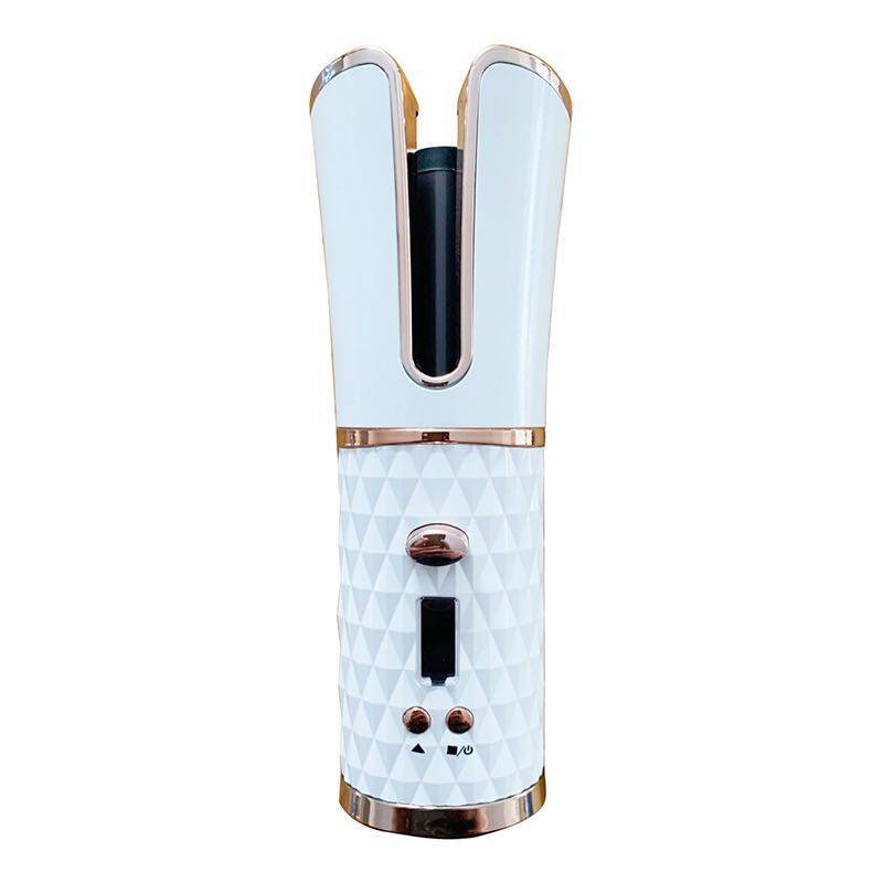 Dropshipman wireless automatic curling iron with white and rose gold design and control buttons