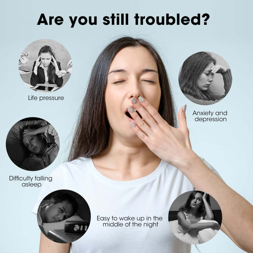 Woman yawning showing signs of sleep troubles with insomnia relief device benefits illustrated