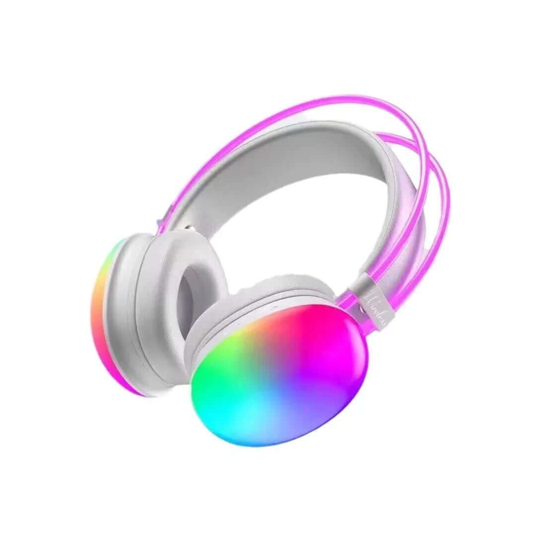 eprolo head mounted wireless headset with white band and colorful rainbow ear cups