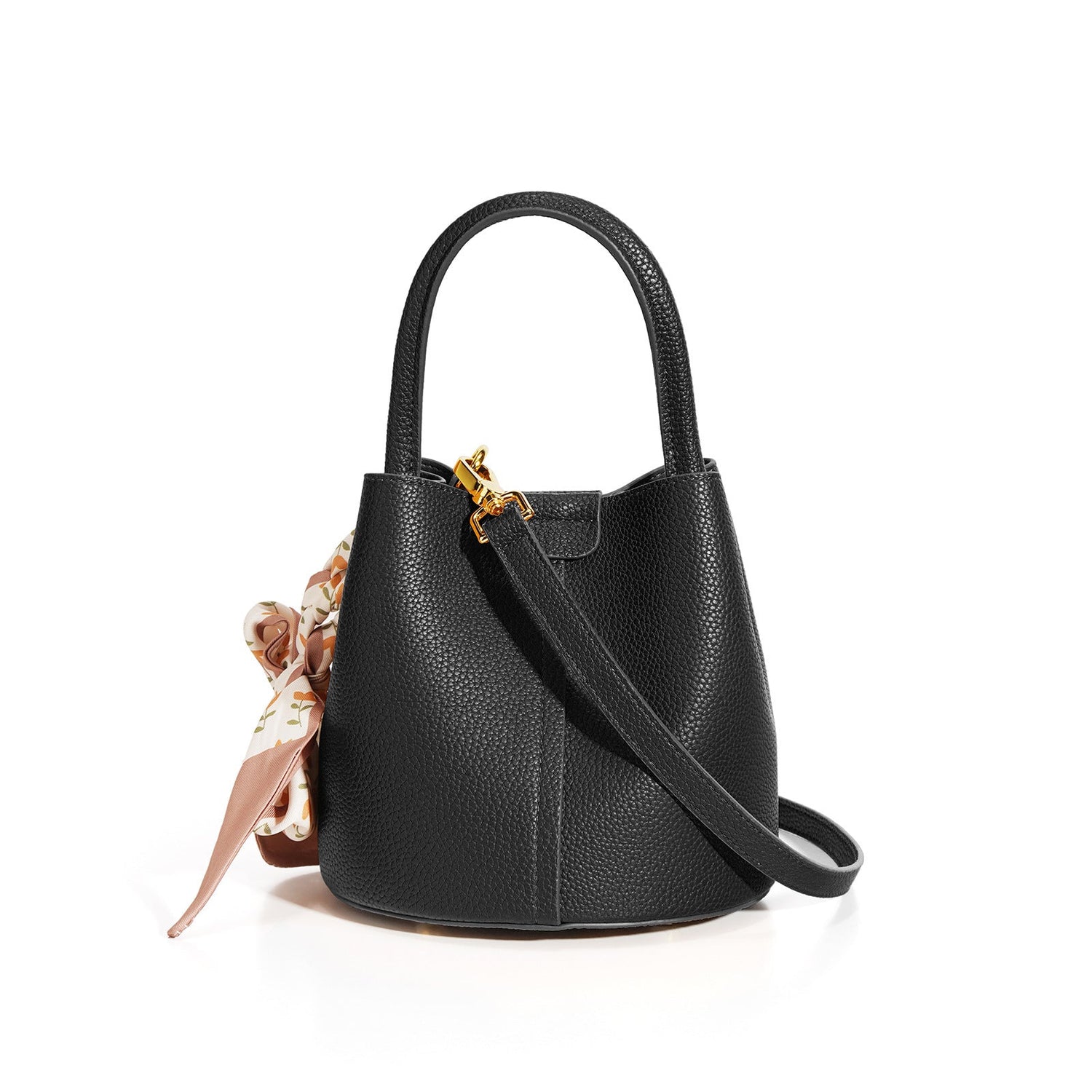 Chic Women's Fashion Bags - stylish black genuine leather bucket bag with a floral scarf detail, ideal for enhancing your outfit. Discover the latest in women's fashion bags that combine elegance and functionality.