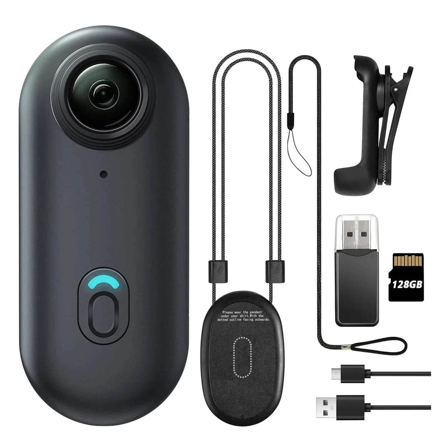 Smart home cameras and accessories including wide-angle camera, USB drive, memory card, lanyard, clip, and charging cables