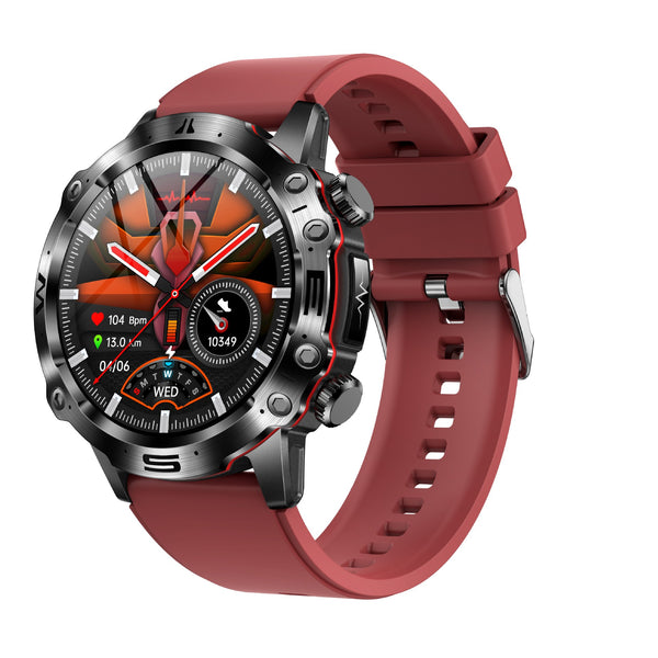 Stylish HD ECG Bluetooth-compatible call outdoor sports watch in a red band, showcasing heart rate and activity tracking features, ideal for active users, compatible with Android.