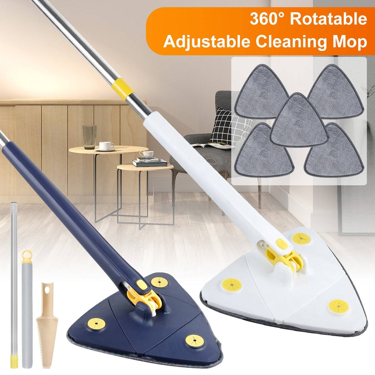 The Self-Squeeze Triangular Mop displayed in a living room, illustrating its 360° rotation and adjustable cleaning capabilities with different cleaning pads. Mop, Self-Squeeze, Triangular.