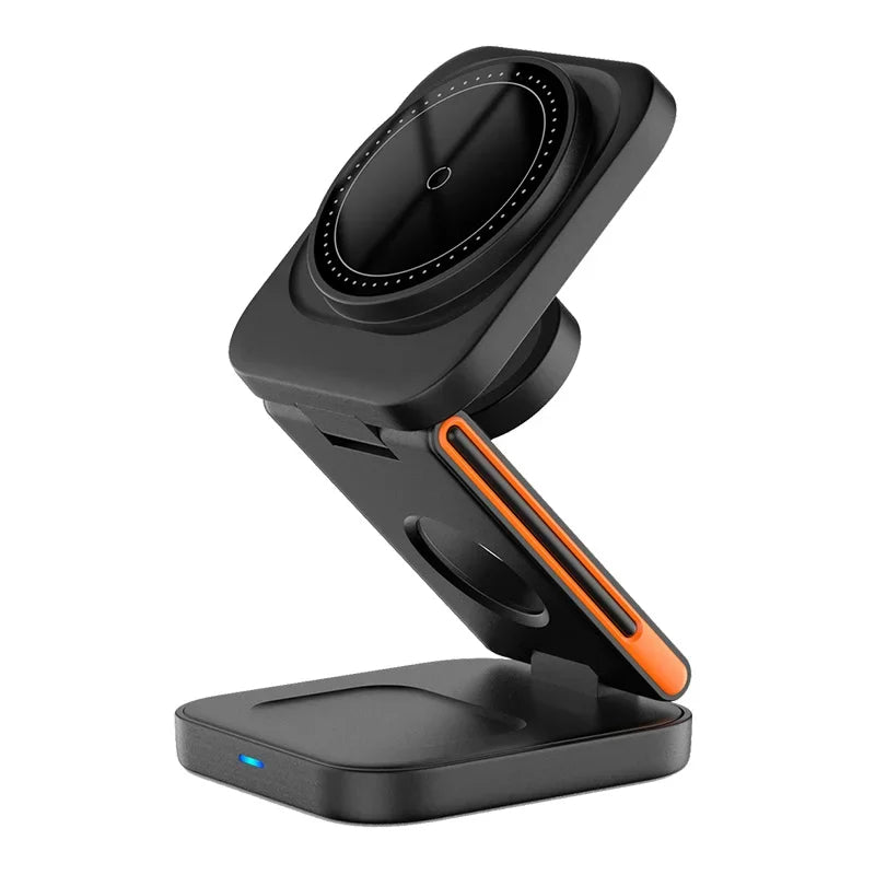 CozyTech Living 3 in 1 Foldable Charging Station in sleek black design, effective for charging iPhone, emphasizing the aesthetics of this 3 in 1 wireless charger.