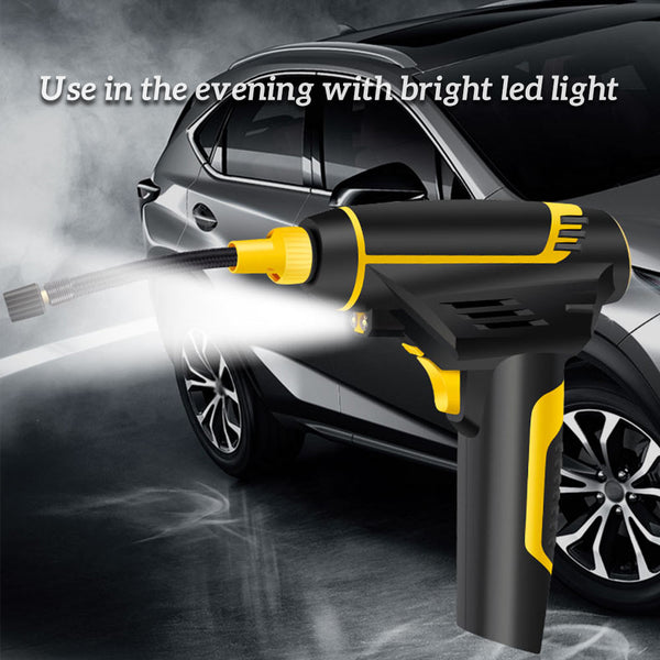 Electric tire inflator with LED light feature, ideal for nighttime use, designed for efficiently inflating car tires.
