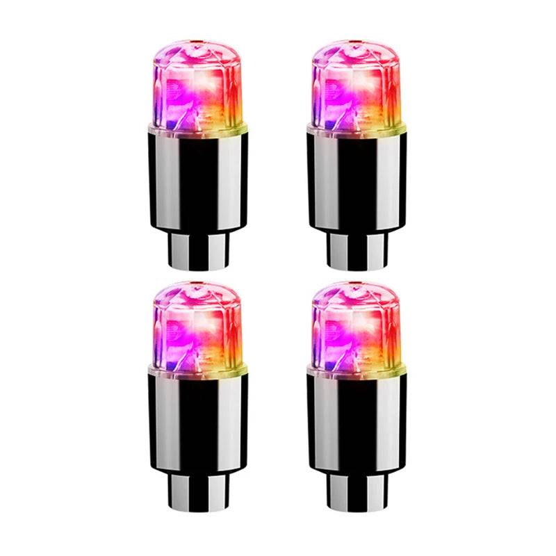 Set of four multicolor LED tire valve caps for cars, motorcycles, and bicycles. Color-changing lights enhance visibility and style.