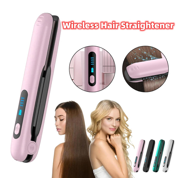 Wireless Hair Straightener Flat Iron Mini 2 IN 1 Roller showcasing a sleek design, featuring adjustable temperature settings and displaying the mini flat iron in use with straightened hair.