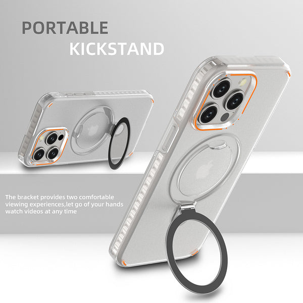 New Colorful Magnetic Bracket Phone Case With Holder Stand Cover For Magesafe Magnetic Transparent Wireless Charge Case For Phone showcasing the portable kickstand, perfect for Apple users, promoting its magnetic phone case features.