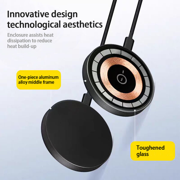 Close-up of the Qi2 Wireless Charger 15W Magnetic Wireless Fast Charging highlighting its innovative design and technological aesthetics with heat dissipation features.