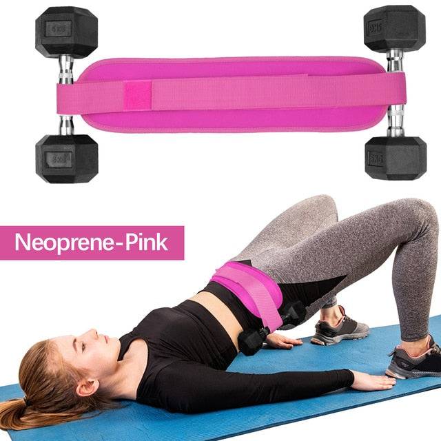 A glute bridge exercise displayed with the Hip Thrust Belt Glute Bridge Pad in pink, demonstrating its use for enhanced workout results in a gym environment.