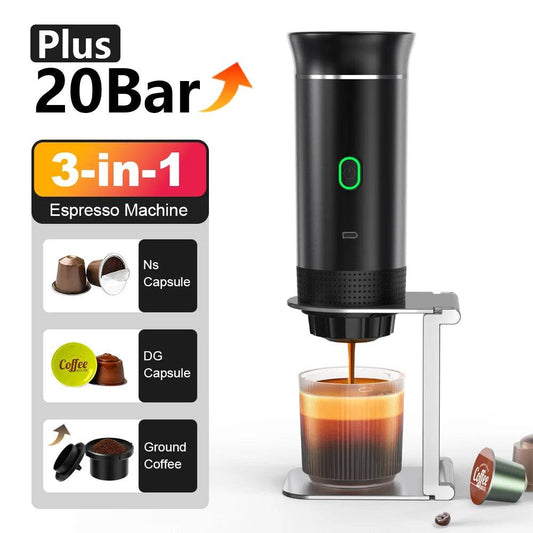 Portable Coffee Maker from CozyTech Living showcasing a sleek espresso machine design with a 20-bar pressure feature and versatile brewing options.