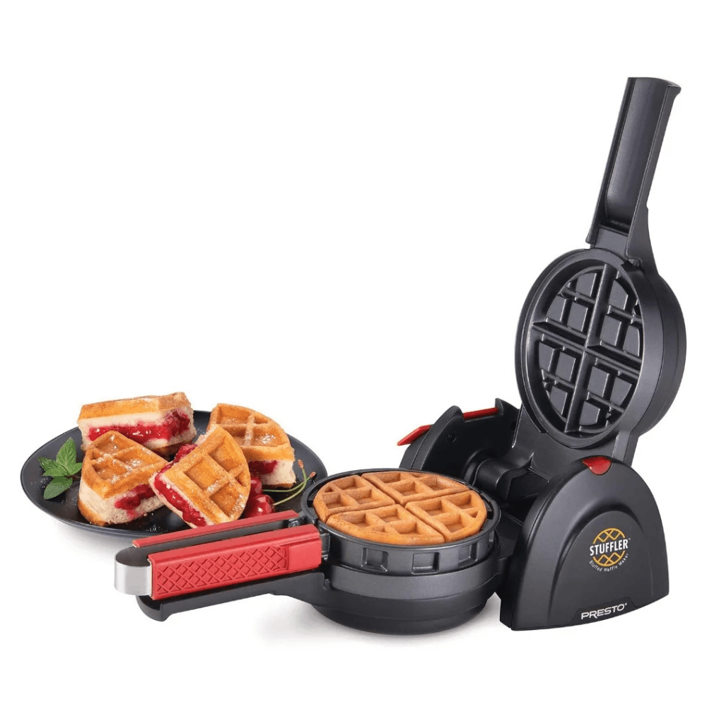 Stuffed Waffle Maker by CozyTech Living, showcasing waffles filled with fruit and savory ingredients, designed for easy cooking and cleanup.