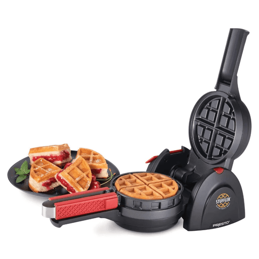 Stuffed Waffle Maker by CozyTech Living, showcasing waffles filled with fruit and savory ingredients, designed for easy cooking and cleanup.