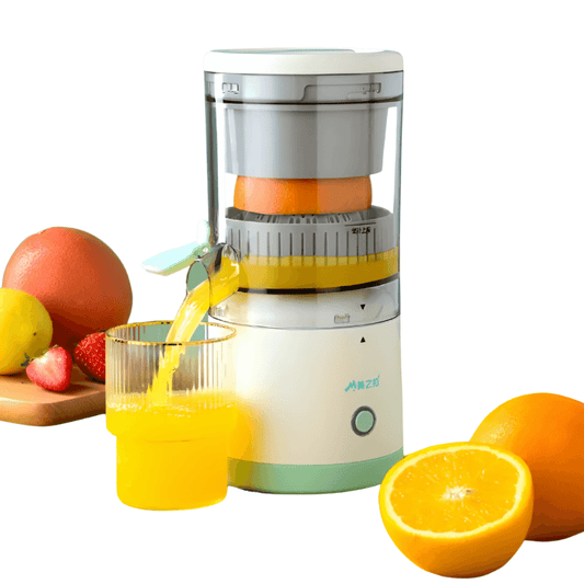 Portable Electric Juicer from CozyTech Living displaying fresh orange juice being poured into a glass, alongside assorted fruits including oranges, lemons, and strawberries.