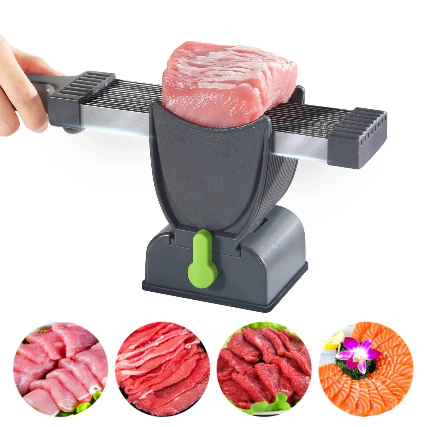 Fresh Meat Slicer in use, showcasing a block of meat being sliced with precision. Ideal for kitchen enthusiasts looking for a reliable knife slicer, perfect for preparing various meat dishes.