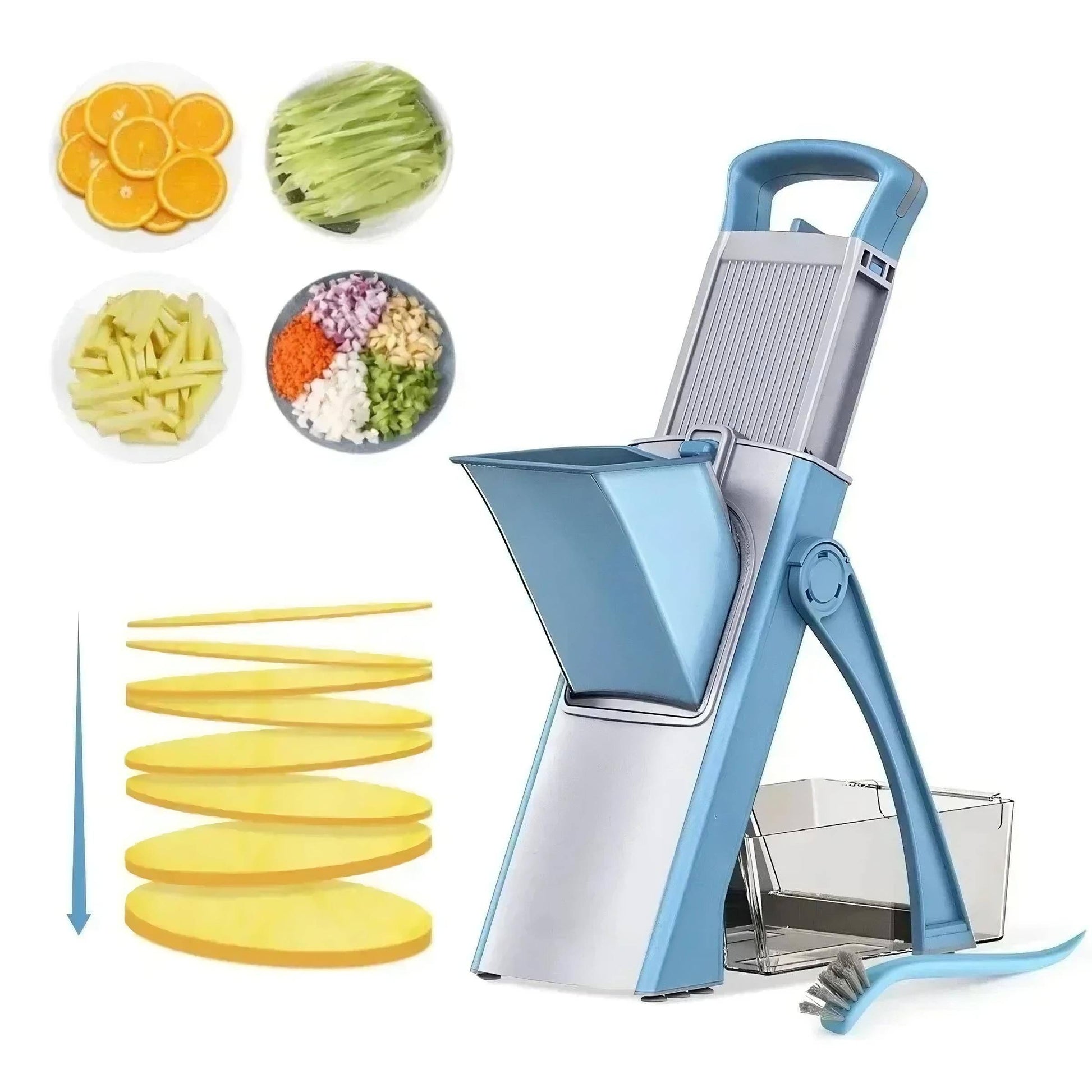 Multi-functional vegetable cutter with adjustable blades for slicing, shredding, and dicing. Foldable design with a large feed port and storage container.