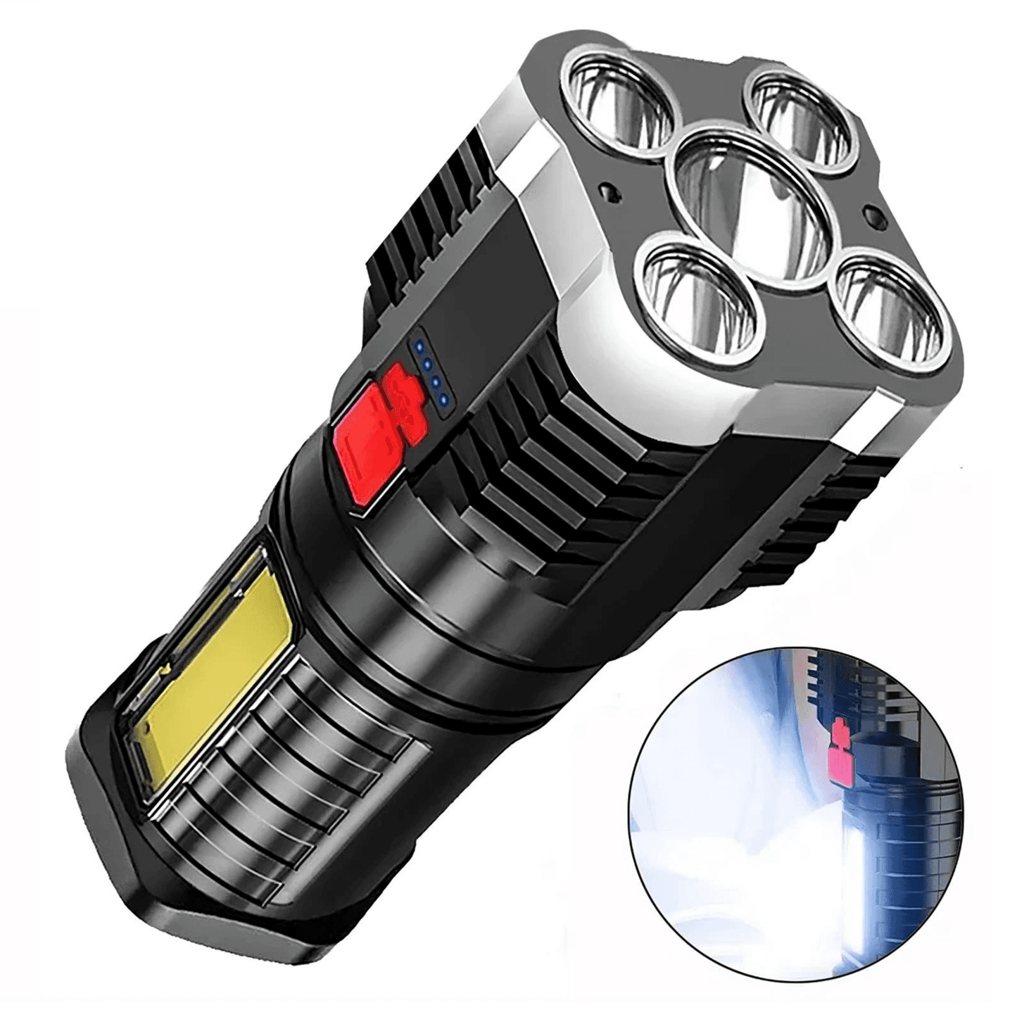 High power LED flashlight with four-lens design, side COB floodlight, and rechargeable battery for outdoor and emergency use.