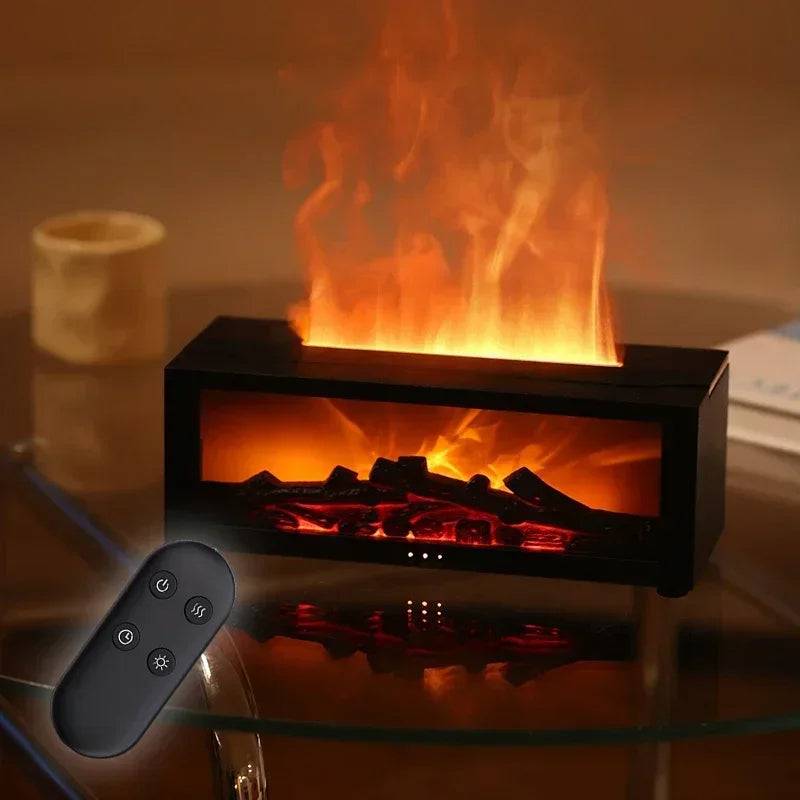 Fireplace Humidifier with realistic flame effect, placed on a glass table next to a remote control, showcasing its elegant design by CozyTech Living.