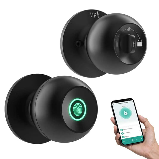 Smart Door Knob with fingerprint sensor and app control for keyless entry. Secure and stylish design for home or office convenience.