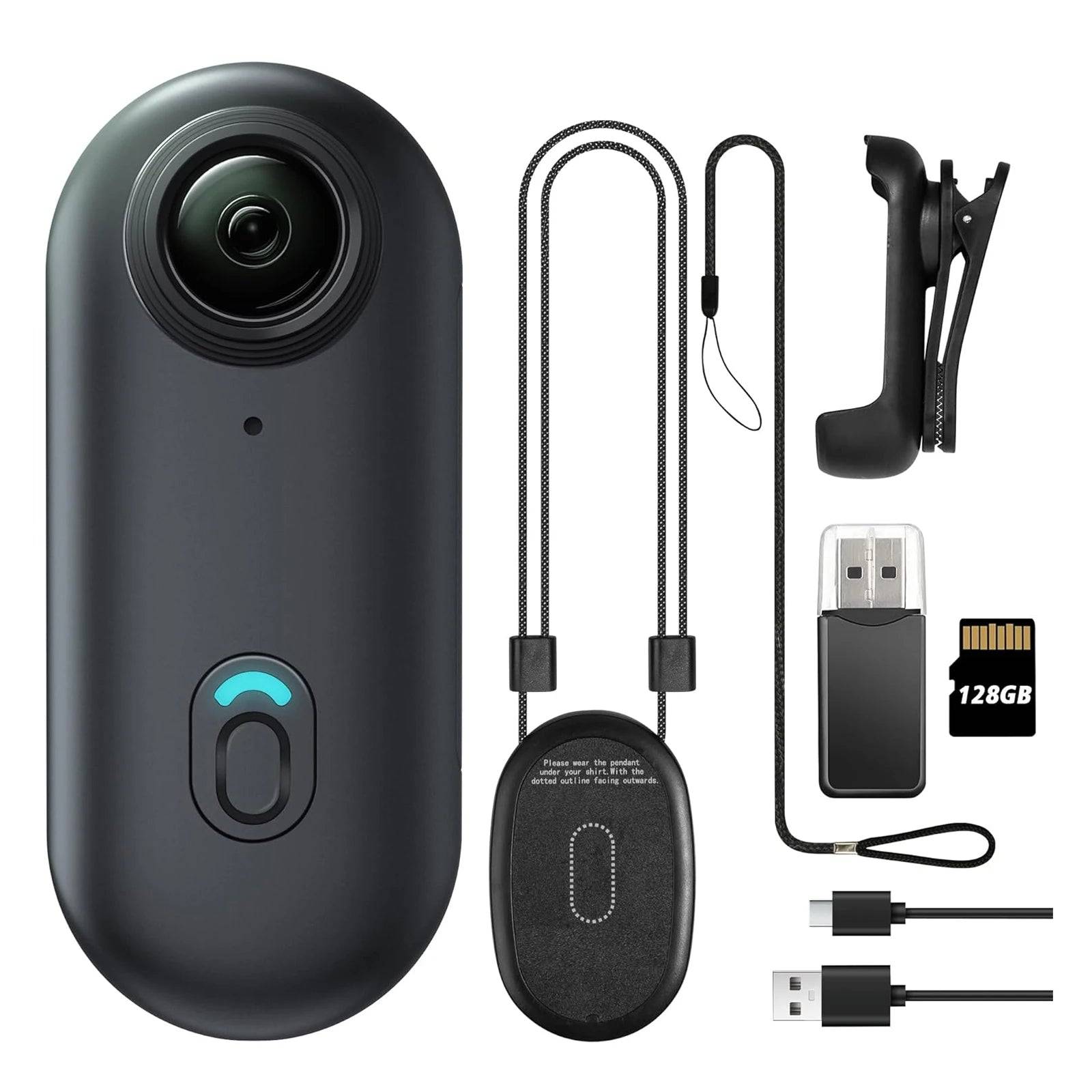 Compact POV camera with accessories including a magnetic pendant, clip mount, USB adapter, and 128GB memory card. Ideal for hands-free action recording.