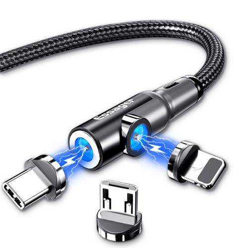 Magnetic Phone Charging Cable showcasing the magnetic connection technology and LED lights, featuring Micro USB, Type-C, and Lightning charging heads for versatile compatibility.