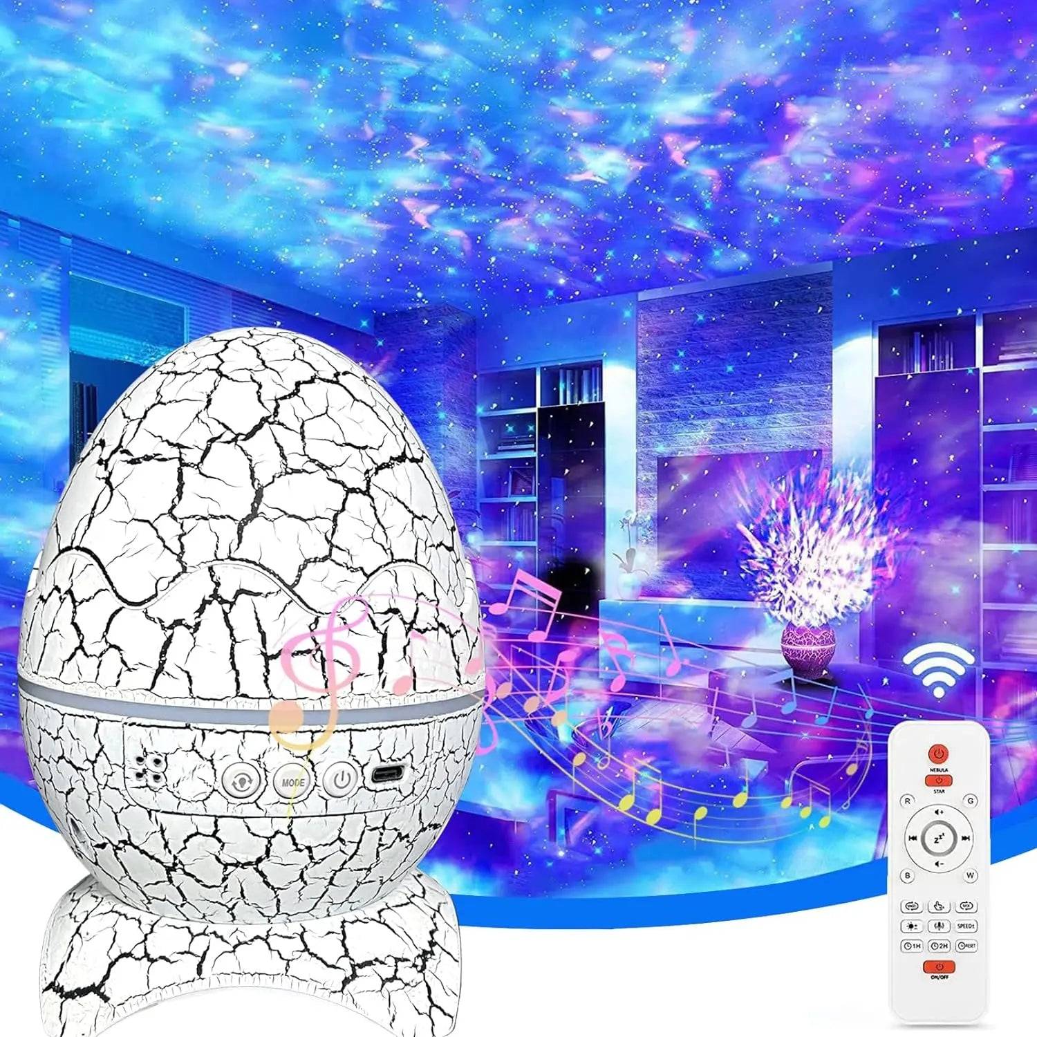 Dinosaur Egg Galaxy Projector displaying a captivating nebula light show in a room, showcasing its remote control and musical features.