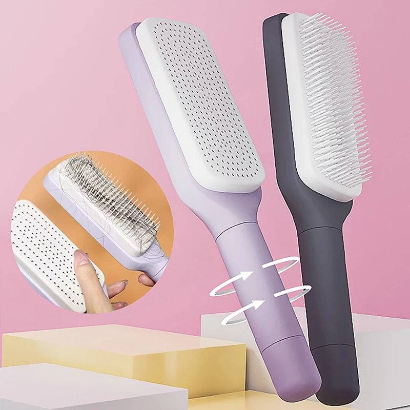 Self-Cleaning Brush by CozyTech Living featuring a modern design with a one-key cleaning mechanism, showcased against a stylish pink backdrop.