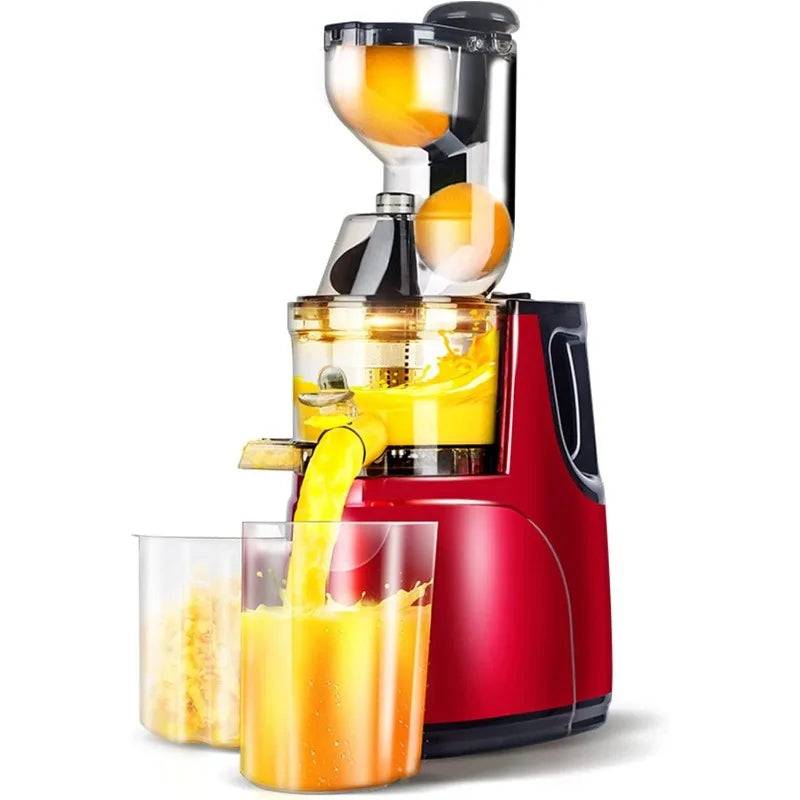 Cold press masticating juicer machine with a red body, extracting fresh orange juice into a glass. Ideal for home use with slow juicing technology.