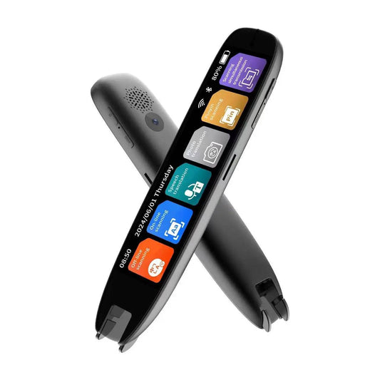 Language Translator Pen displayed at an angle, showcasing its sleek design and colorful touchscreen interface with various translation options.