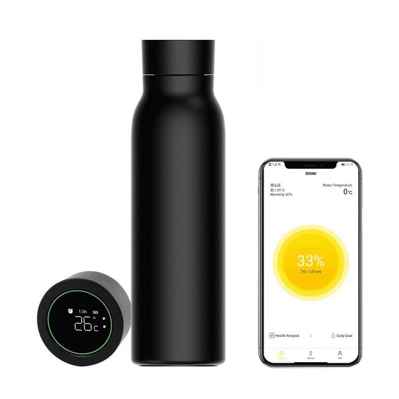 Smart Tuya Water Bottle next to a smartphone displaying the Tuya app interface. The app shows hydration data and temperature readings.