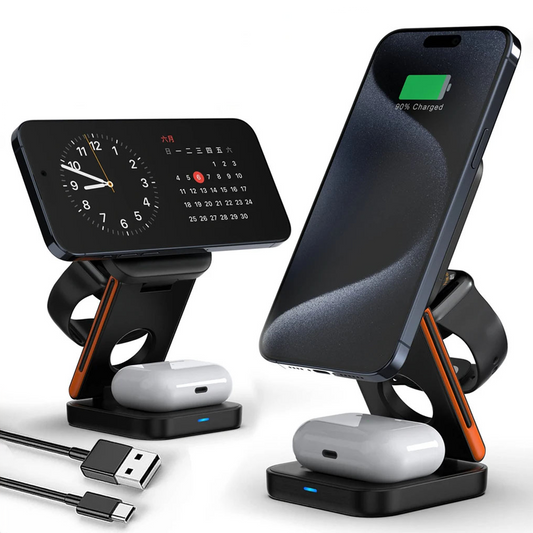 CozyTech Living 3 in 1 Foldable Charging Station shown with a smartphone and AirPods charging, illustrating the 3 in 1 wireless charger designed for iPhone users.