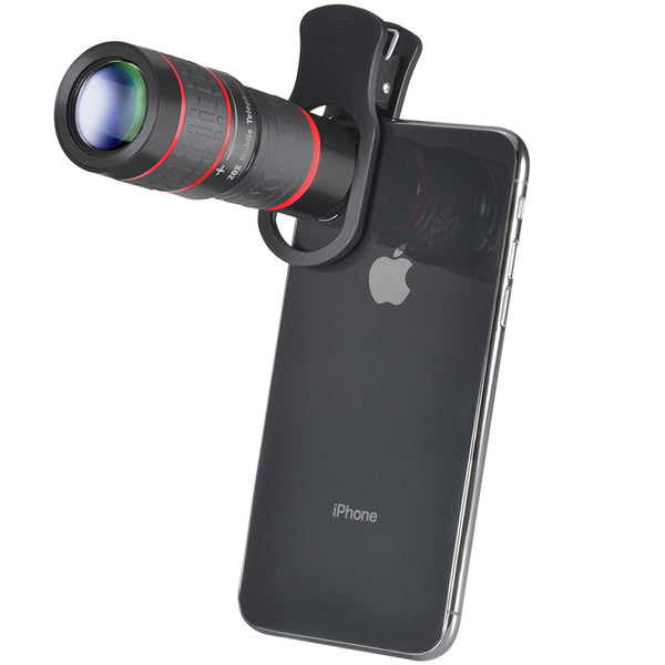 Cell phone telescope with a 20x mobile telescope attached to an iPhone, showcasing the compatibility and design.