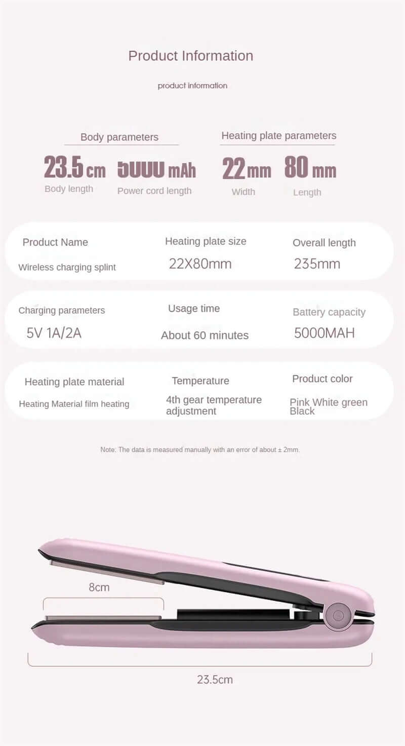 Detailed product information for the Mini Flat Iron Wireless Hair Straightener 2 IN 1 Curler USB Rechargeable 200°C 5000mAh Battery showing dimensions, heating plate specs, and charging details.