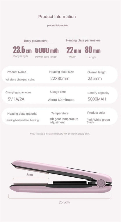 Detailed product information for the Mini Flat Iron Wireless Hair Straightener 2 IN 1 Curler USB Rechargeable 200°C 5000mAh Battery showing dimensions, heating plate specs, and charging details.