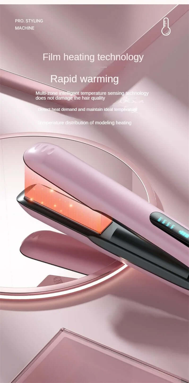 Mini Flat Iron demonstrating various temperature settings suitable for different hair textures, promoting user versatility.
