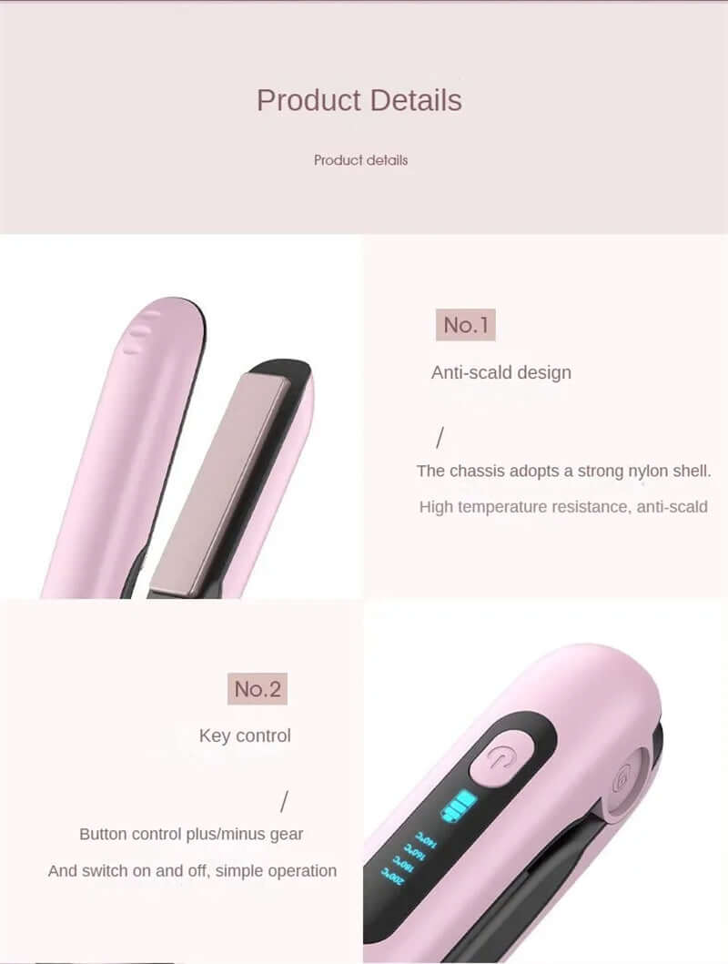Mini Flat Iron Wireless Hair Straightener 2 IN 1 Curler USB Rechargeable 200°C 5000mAh Battery.