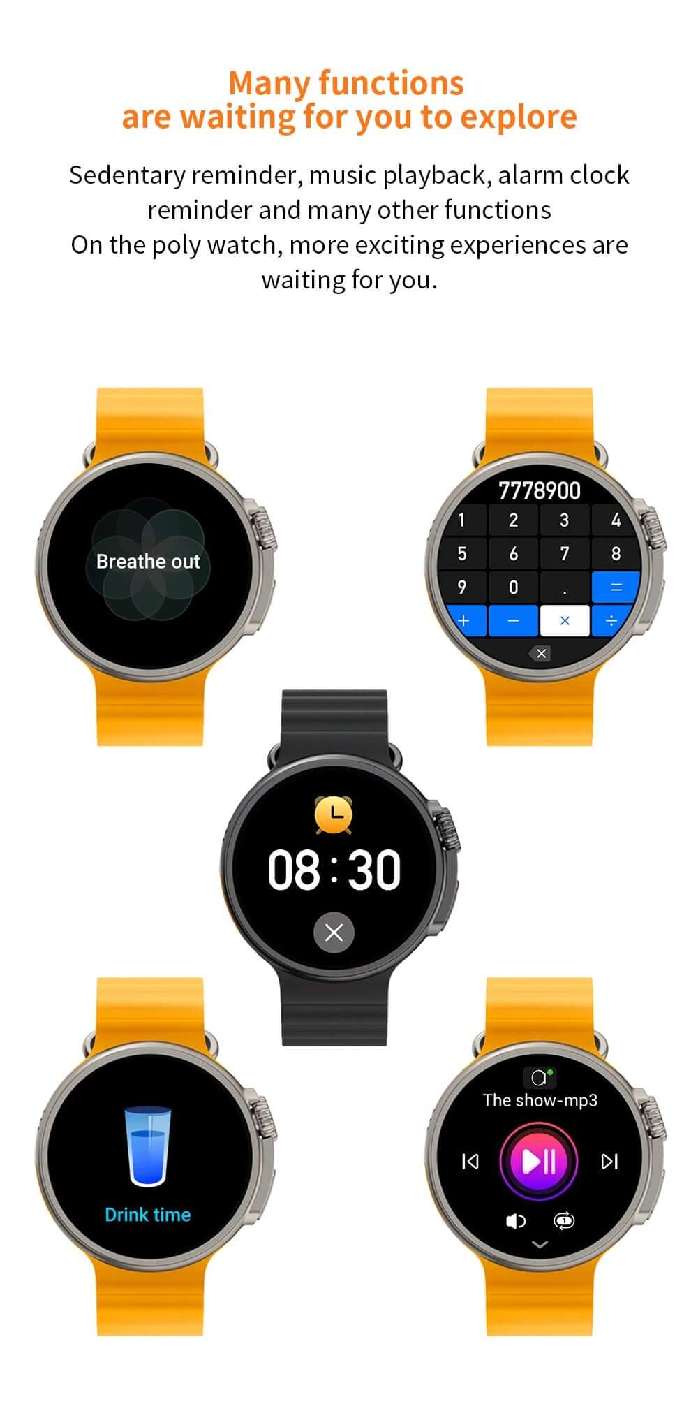 K9 Wireless Charging Smartwatch showcasing multiple functionalities such as music playback, sedentary reminders, and an alarm clock, with vibrant user interface on a 1.39-inch round screen.