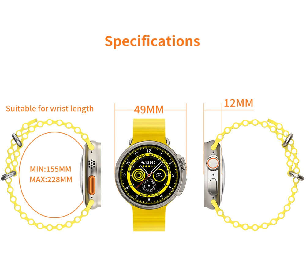 Specifications of the K9 Wireless Charging Smartwatch, highlighting size dimensions (49MM diameter and 12MM thickness) and wrist length compatibility ranging from 155MM to 228MM.